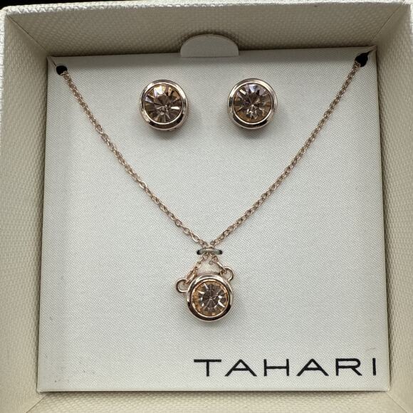 Tahari Necklace Earrings Set Champagne CZ Rose Gold Tone Bezel 18" Chain NIB - Picture 5 of 8